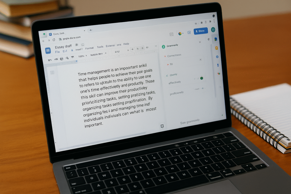 Google Docs essay draft being corrected by Grammarly, one of the Free AI Tools for Students used to improve grammar and clarity.