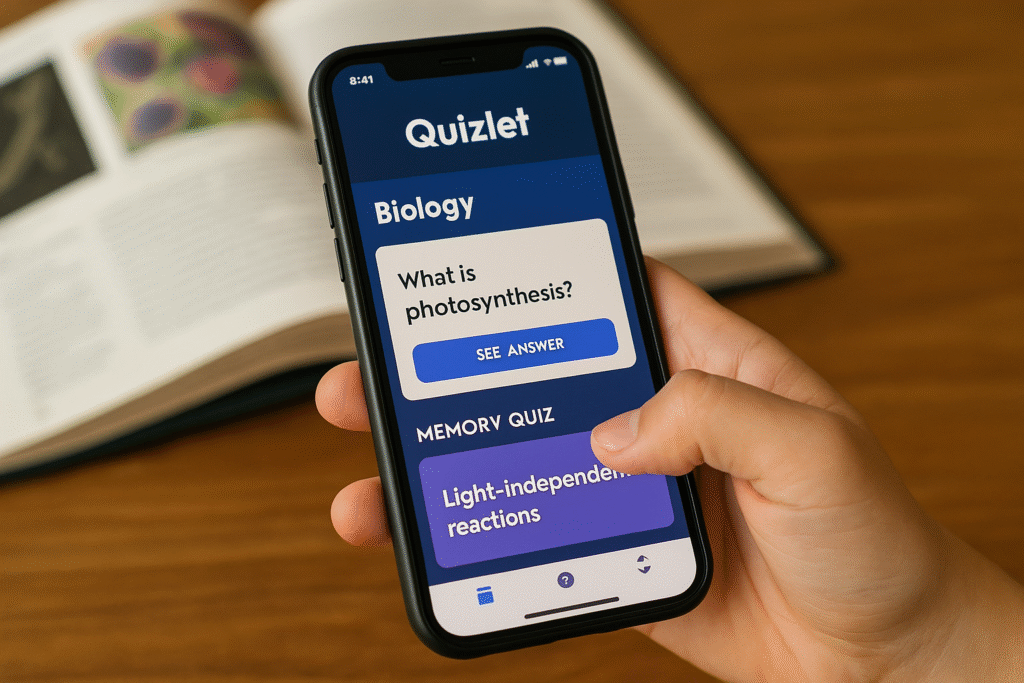 Quizlet mobile app displaying flashcards and a memory quiz, showcasing how Free AI Tools for Students help with biology study.