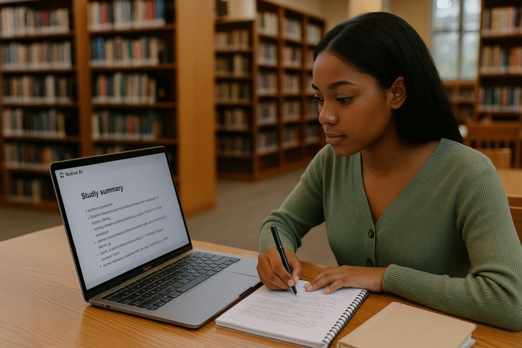 Student using Free AI Tools for Students like Notion AI to organize notes and generate a study summary in the library.
