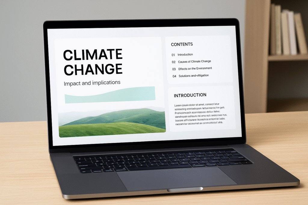 A clean, modern laptop screen showing a climate change presentation built with Tome, an example of Free AI Tools for Students.