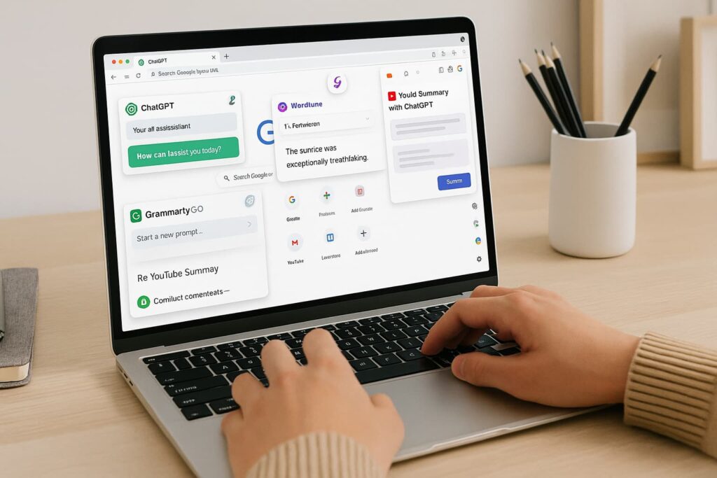 “Workspace showing top free AI Chrome extensions that save time, used in real productivity setup (2025)”