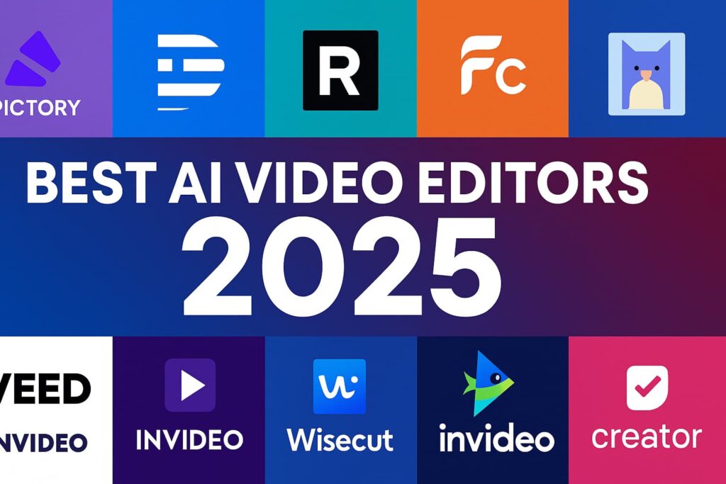 Collage of the best AI video editors in 2025 including Pictory, Runway, Descript, and more