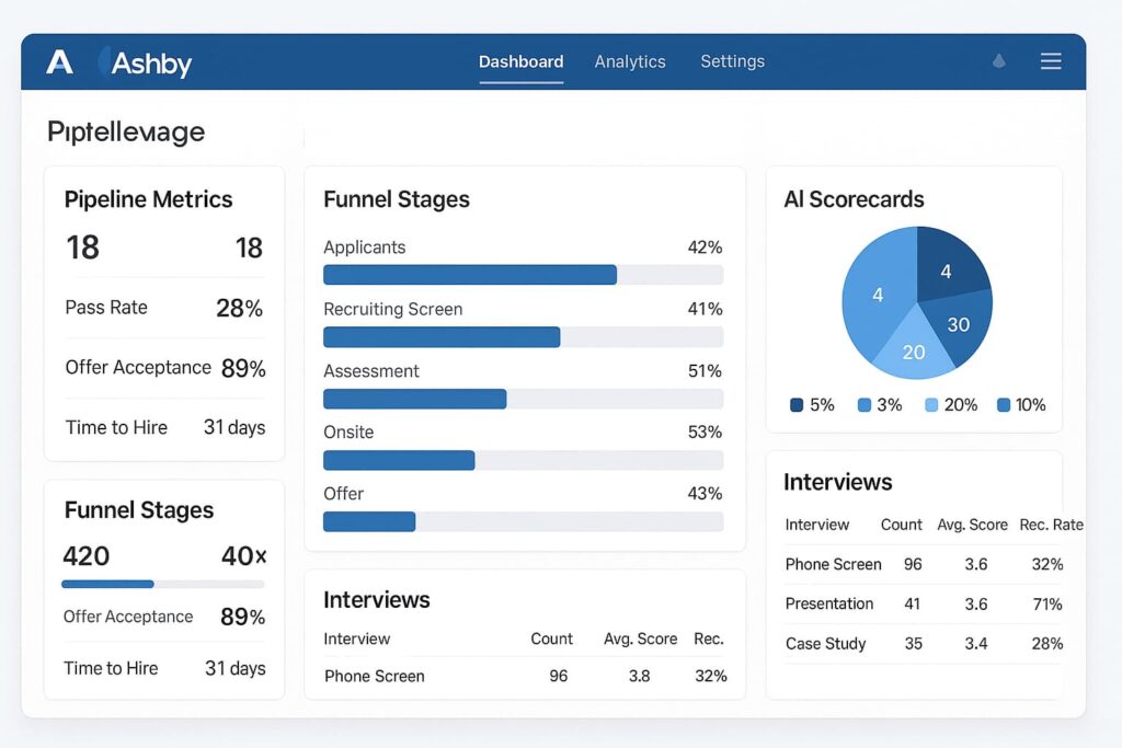 Ashby’s AI-powered dashboard shows hiring funnel analytics, securing its place in the top 7 essential AI tools for smarter hiring in 2025.