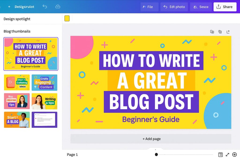 Designing a blog post thumbnail with Canva, among the best free AI tools for beginners in 2025