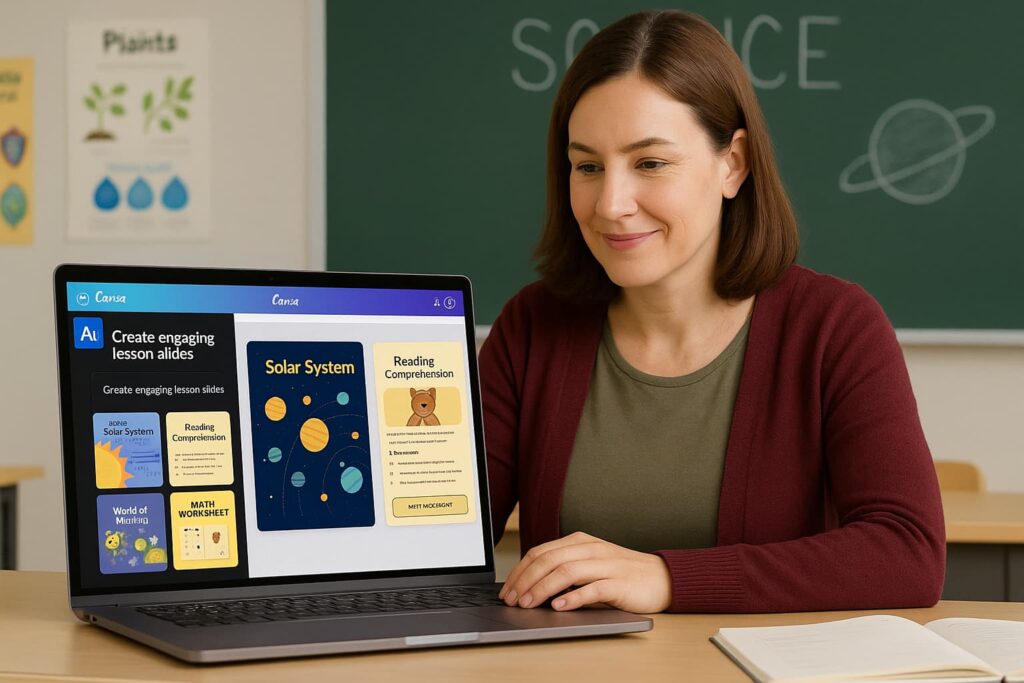 Canva helps educators create visually engaging lesson content using AI tools for smart teaching.