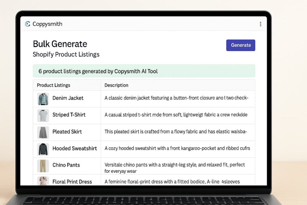 Copysmith allows bulk content generation using AI tools for Shopify sellers.