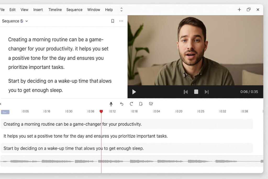 Descript’s transcript-based video editor, a top choice among the best AI video editors in 2025