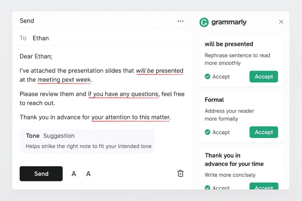 Grammarly offers grammar and tone feedback as a powerful AI tool for English fluency