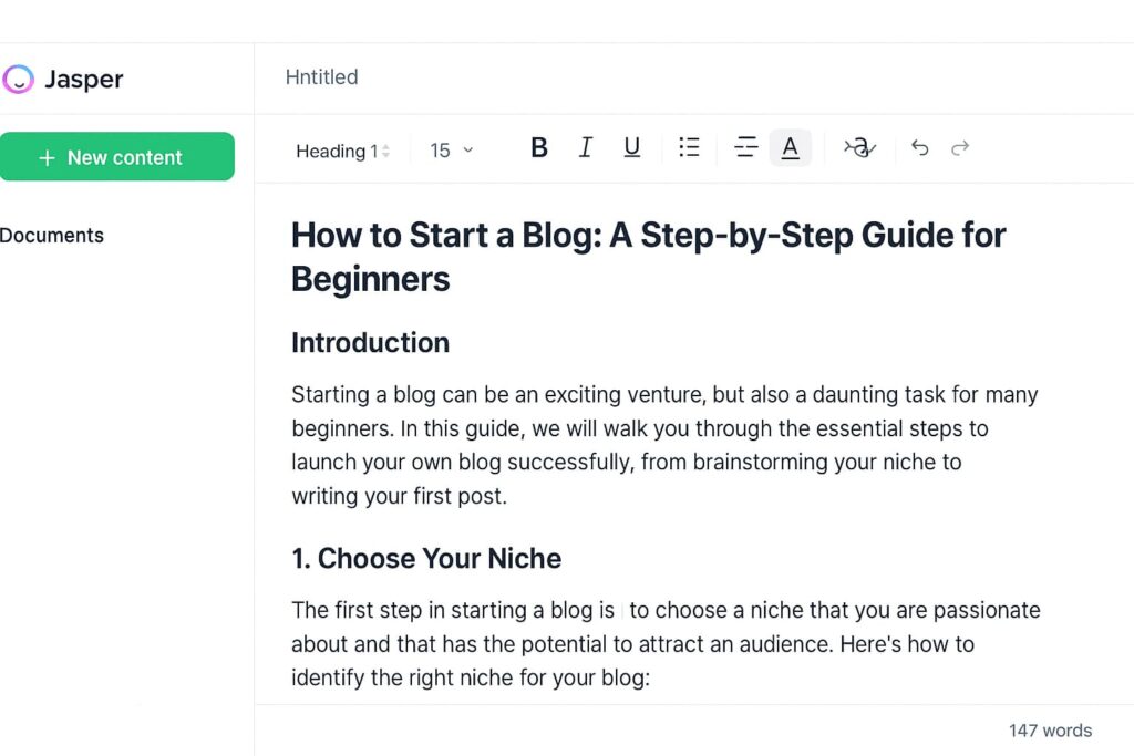 Jasper AI interface showing one of the AI writing tools bloggers love in 2025