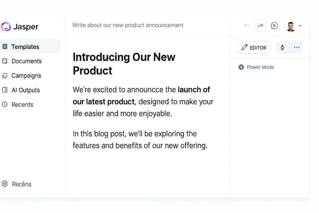Jasper AI writing assistant interface – one of the best AI tools that help you create content faster