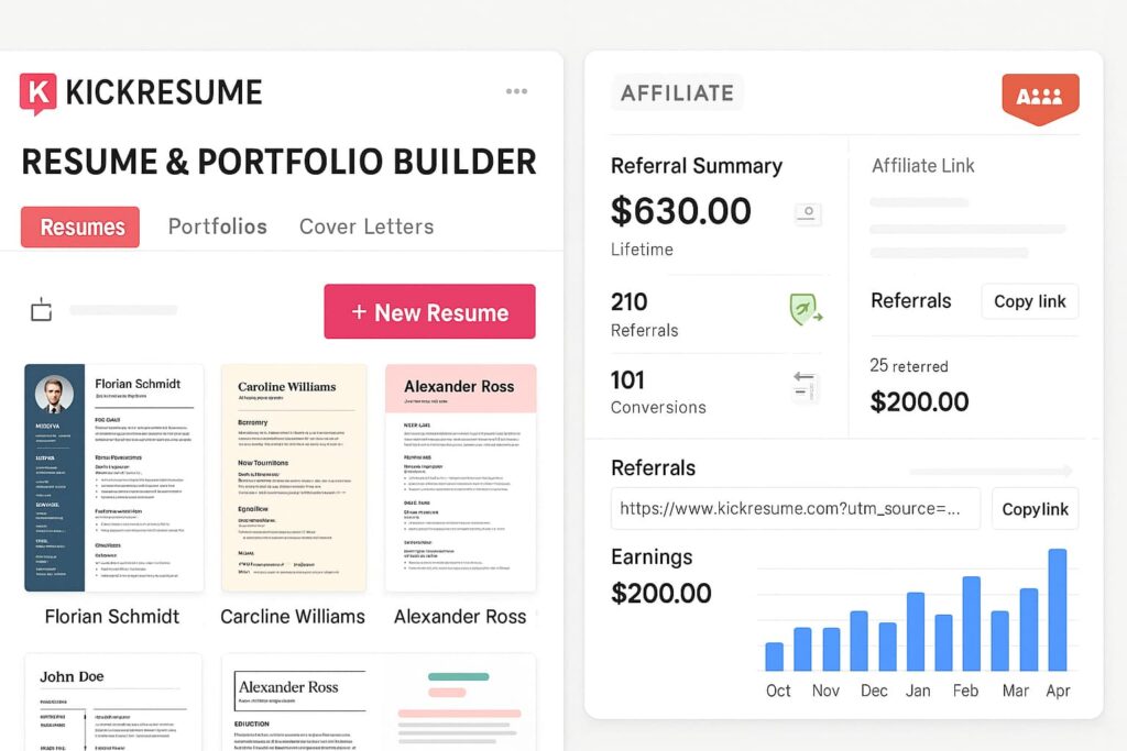 Kickresume combines resume and portfolio tools with referral income—making it one of the top AI resume builders with affiliate programs in 2025.
