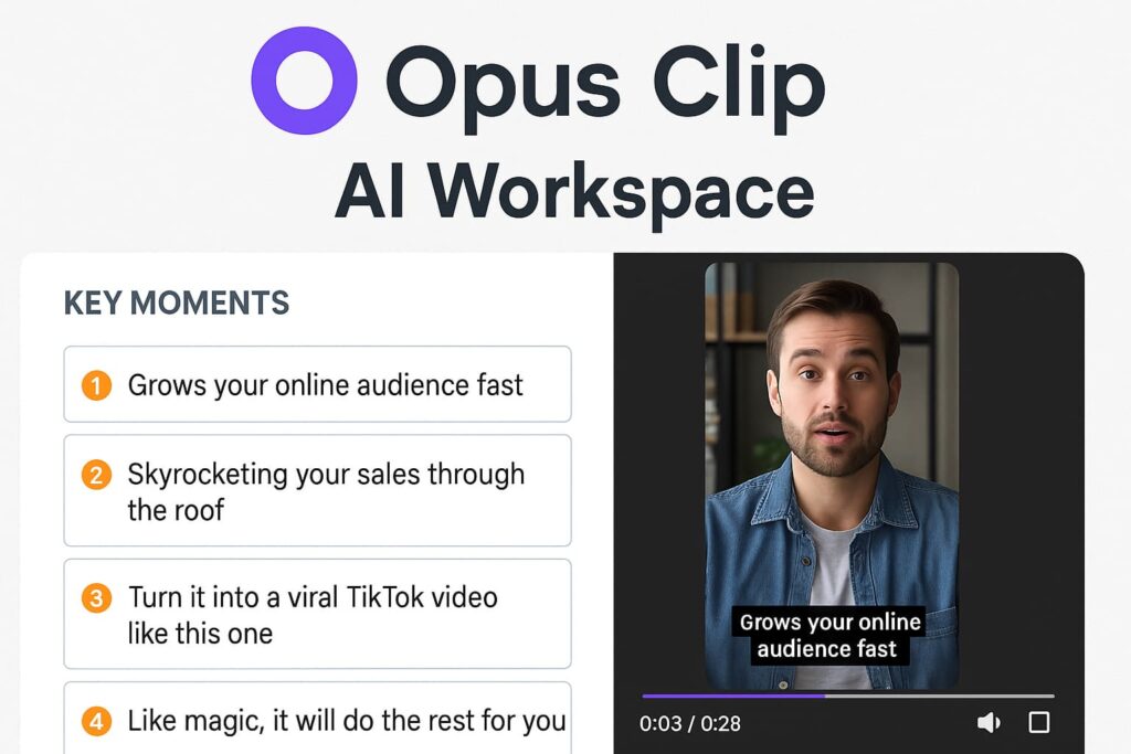 Opus Clip uses ai tools for youtube growth to extract highlights for Shorts and Reels.