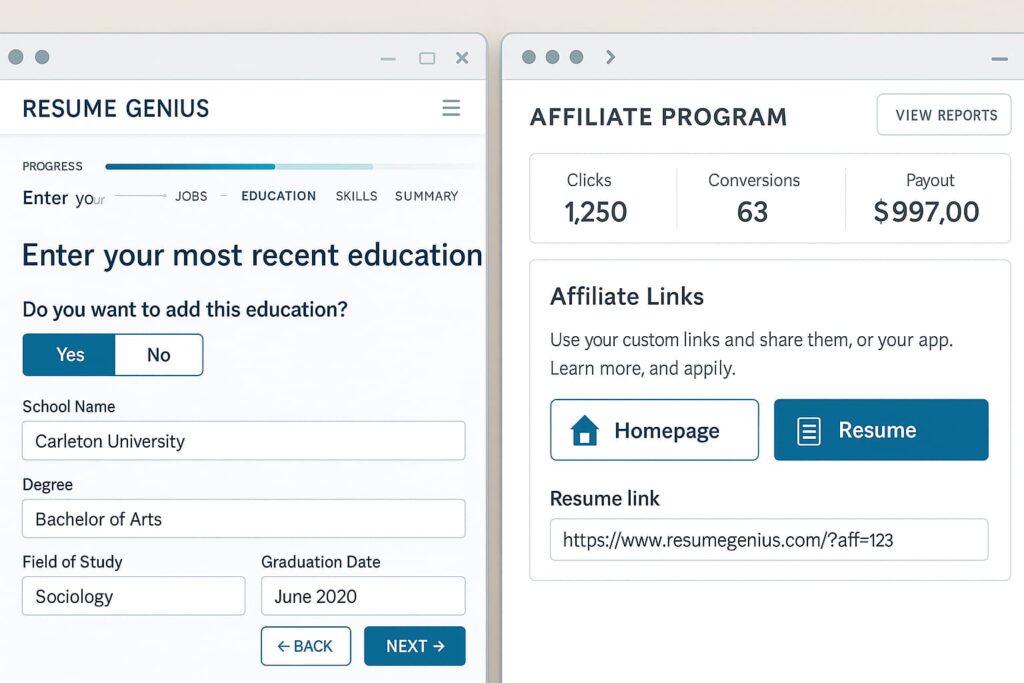Resume Genius offers quick resume creation, earning its place among the top AI resume builders with affiliate programs in 2025.