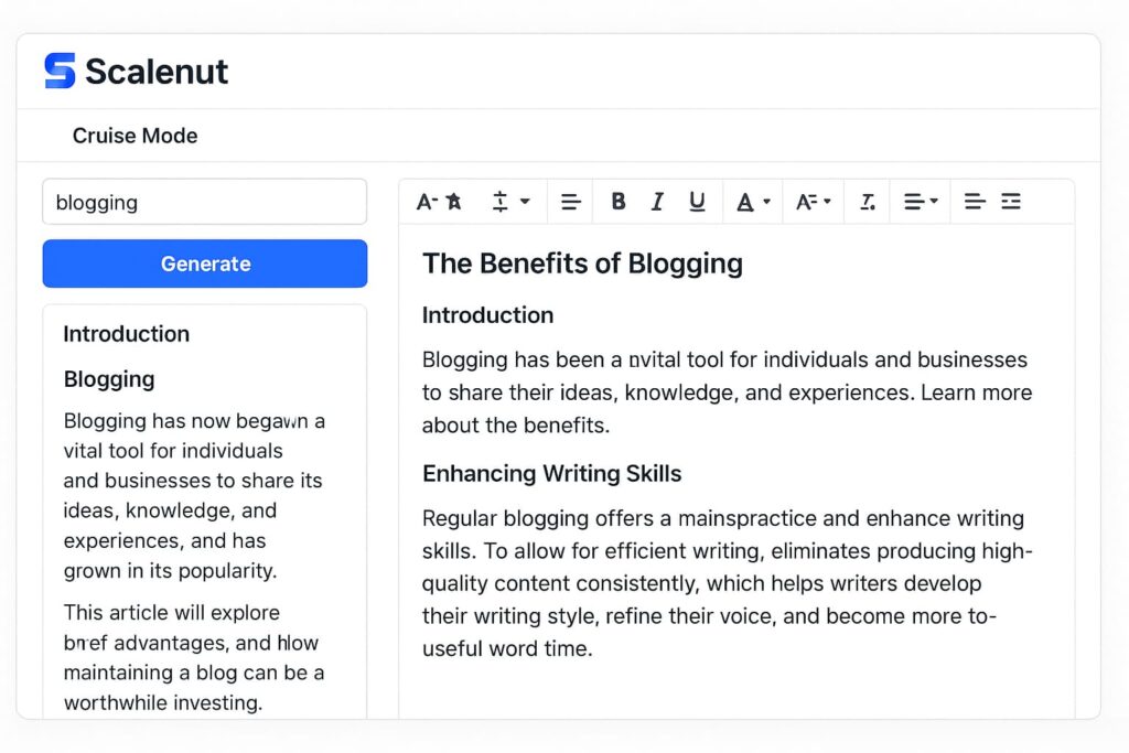 Scalenut’s Cruise Mode auto-generates full blog posts, making it a top contender in ai seo tools to skyrocket traffic in 2025.