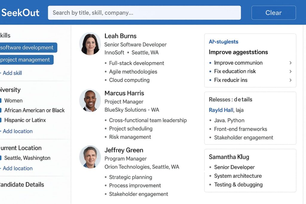 SeekOut sourcing dashboard filters diverse candidates, ranking it among the top 7 essential AI tools for smarter hiring in 2025.