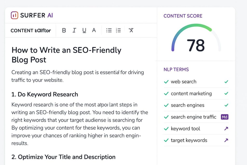 Surfer AI content editor with NLP keyword suggestions and SEO content score as shown in the surfer ai guide.