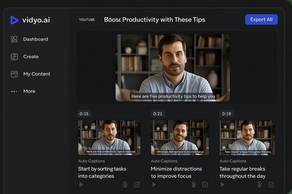 Vidyo.ai turns long videos into Shorts, ranking high among the best AI tools for YouTube creators 2025.