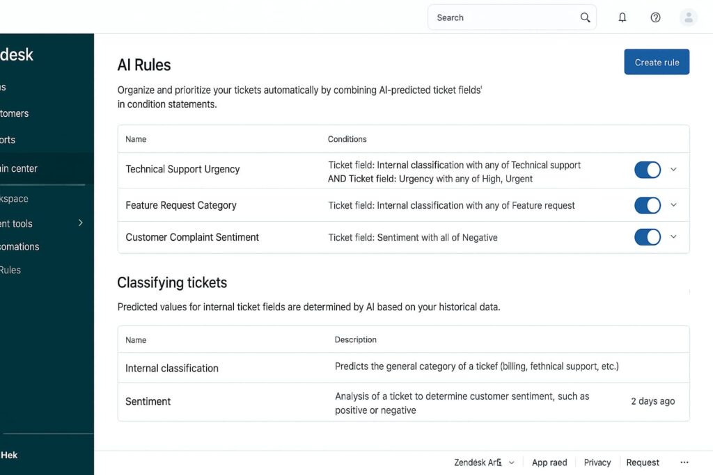 Zendesk AI showing ticket routing and automation among AI tools for customer support 2025