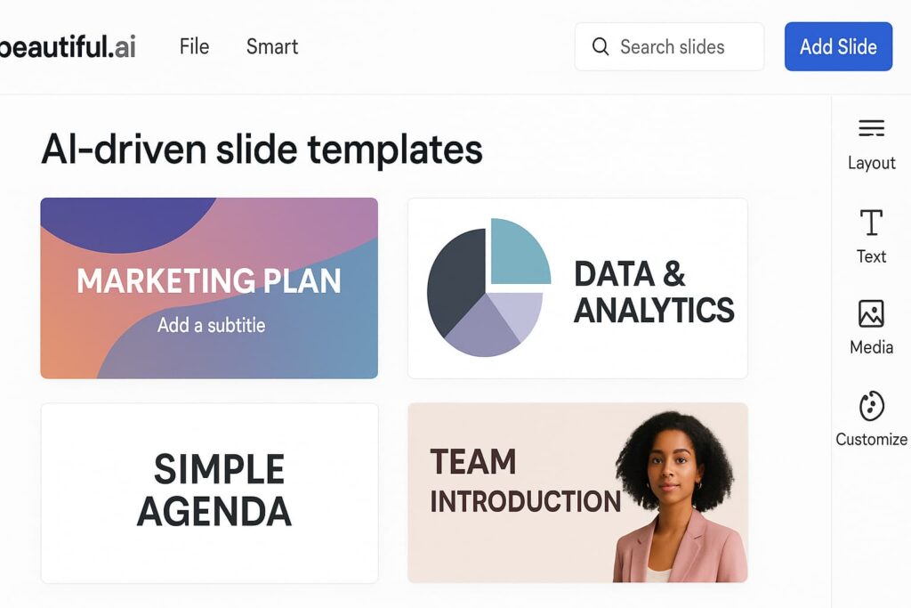 Beautiful.ai’s smart template engine ranks among the best AI tools for presentation design with automated formatting and layouts.