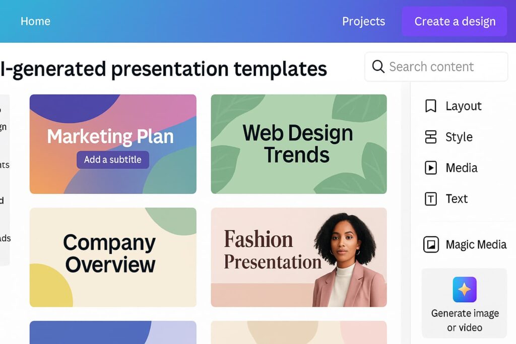 Canva’s Magic Design tool makes it one of the best AI tools for presentation design by offering layout suggestions from your content.