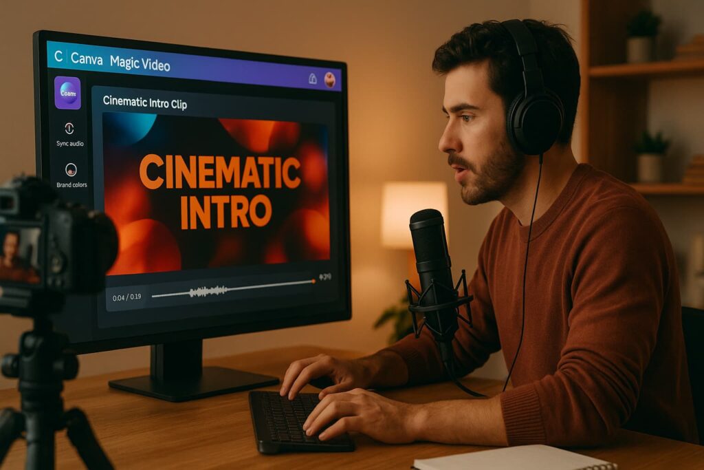 Influencer creating a cinematic channel intro using Canva Magic Video—demonstrating a top pick among the best AI video editor tools for YouTube creators in 2025
