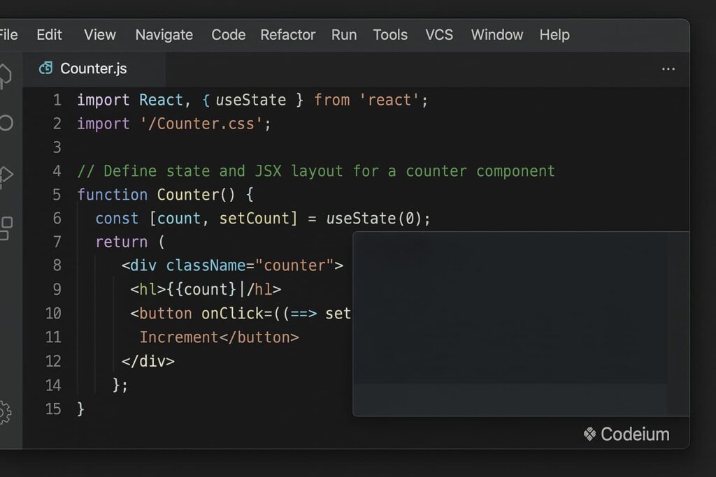 Codeium offers free multi-line completions in React components, ideal for rapid prototyping with AI assistance.