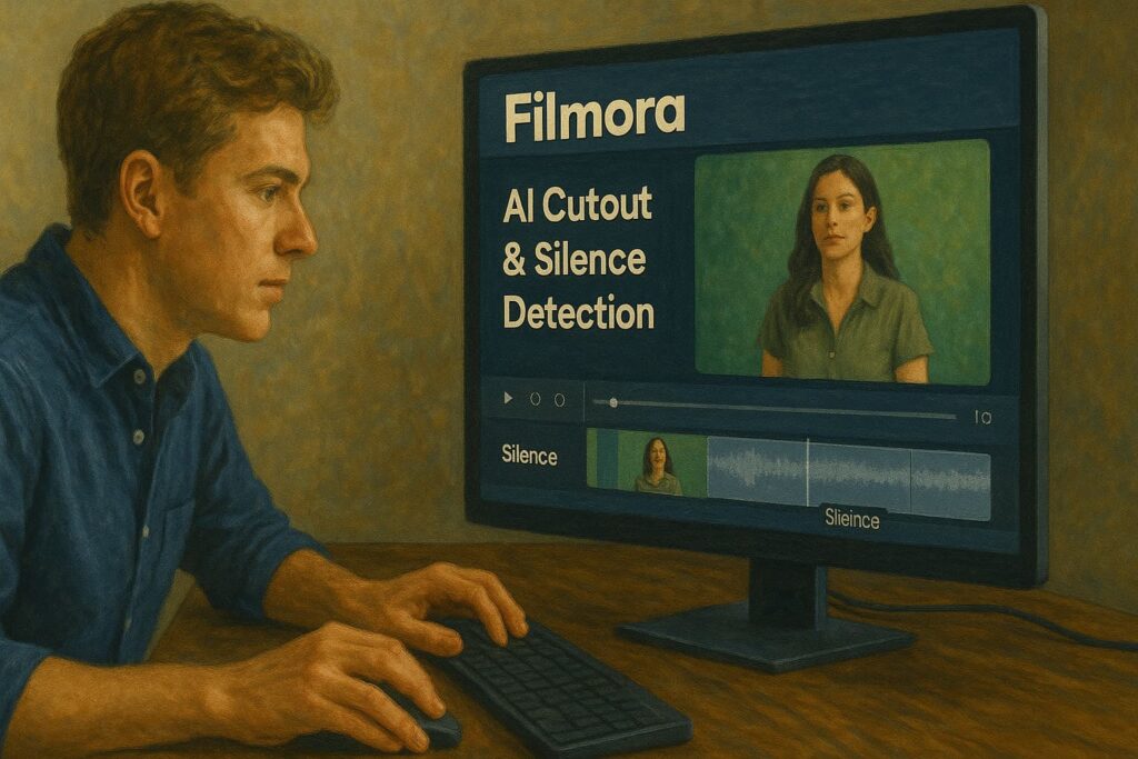 Creator using Filmora’s AI cutout and silence detection features in desktop editing—making it one of the best AI video editor tools for YouTube creators in 2025