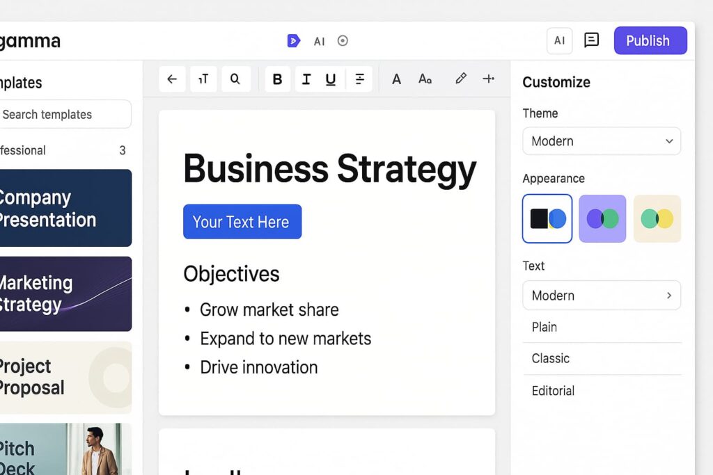 Gamma’s interface shows how one of the best AI tools for presentation design can generate entire slide decks from a simple prompt.