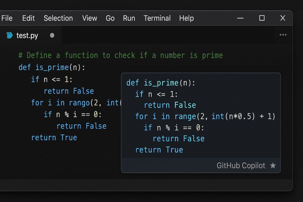 GitHub Copilot suggests full Python functions in VS Code, making it one of the best free AI code assistant tools for rapid prototyping.