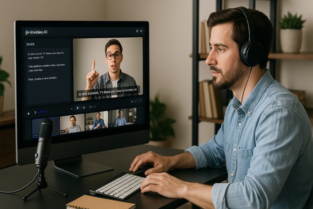 YouTube creator using InVideo AI to transform script into a full video—showing why it’s among the best AI video editor tools for YouTube creators in 2025