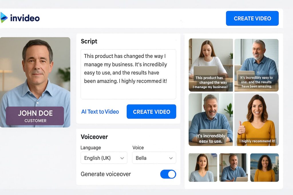 InVideo's testimonial template editor with voice synthesis, a beginner-friendly option in the best Veo alternatives for AI video generation.
