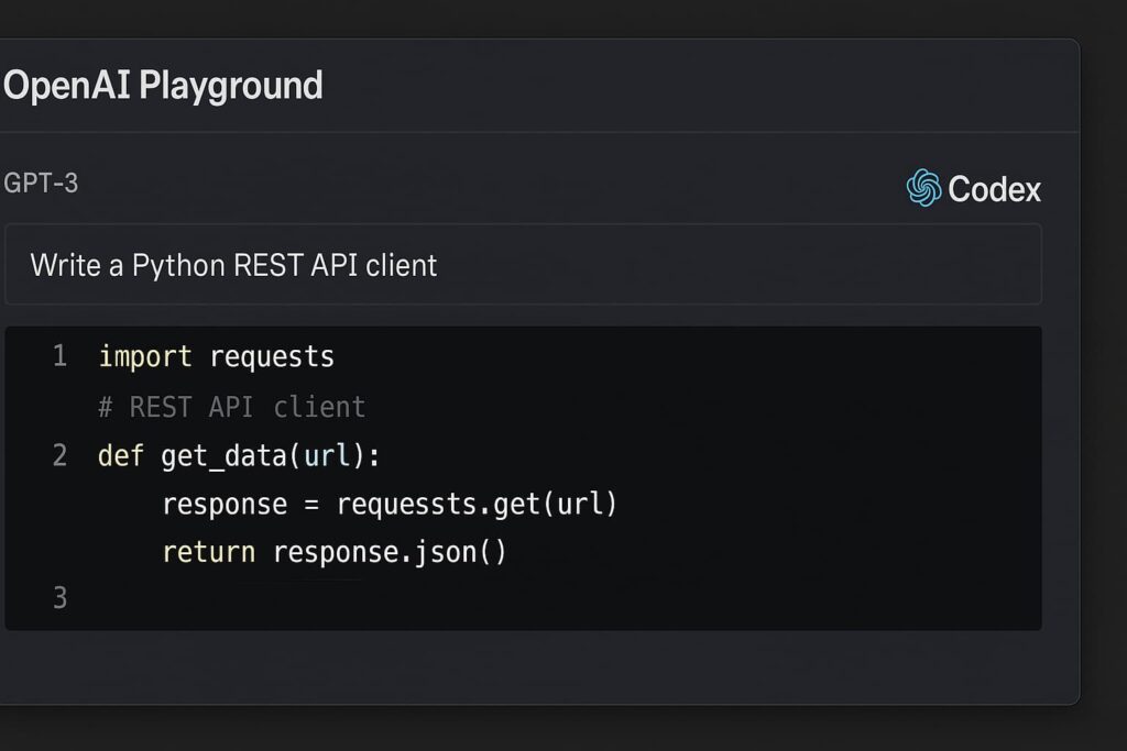 Codex creates a working Python API client from a user prompt, showing its power as a free AI code assistant tool for rapid prototyping.