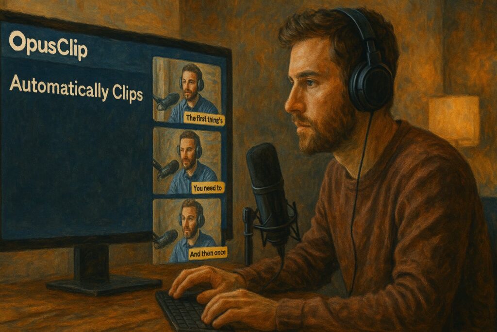 OpusClip automatically generating short highlight clips from a YouTube video—a key feature of the best AI video editor tools for YouTube creators in 2025