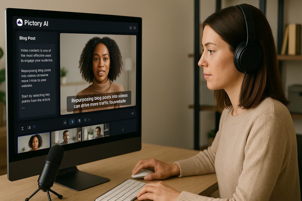 Social media manager converting a blog post into short YouTube clips with Pictory AI—one of the best AI video editor tools for YouTube creators in 2025