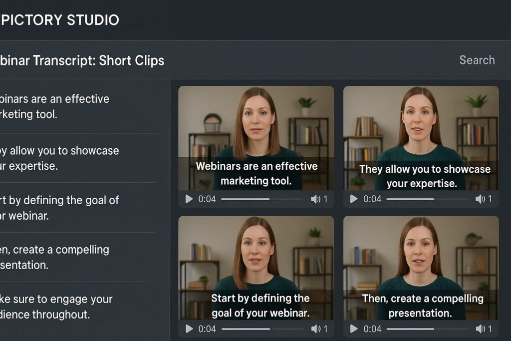 Pictory Studio segmenting a webinar transcript into clips with captions, one of the best Veo alternatives for AI video generation for repurposing content.