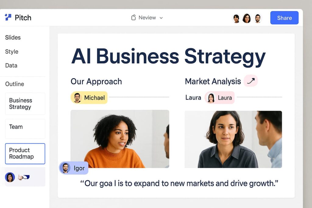 Pitch showcases real-time slide editing, making it one of the best AI tools for presentation design for teams and sales decks.