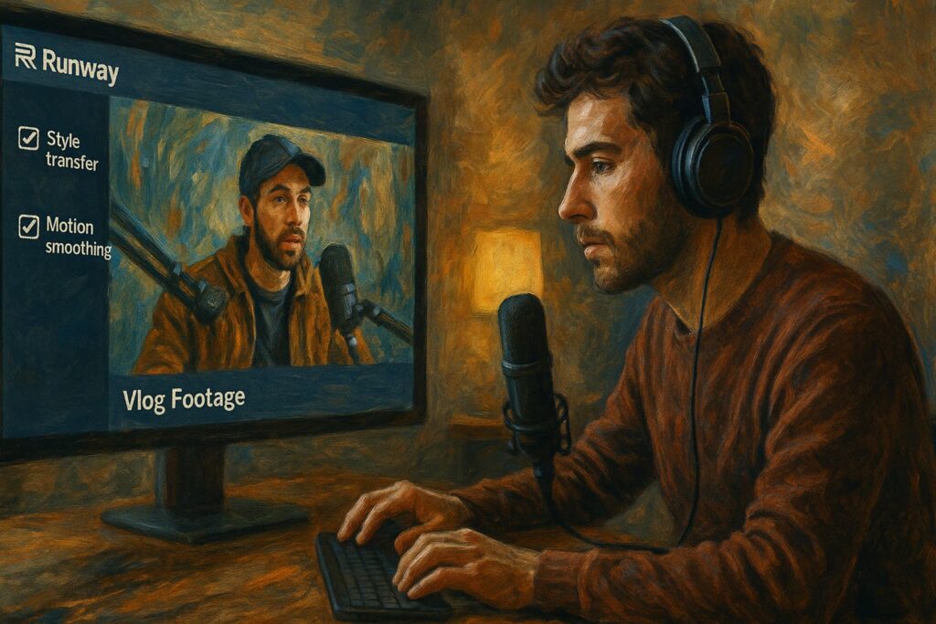 Creator applying visual style transfer with Runway Gen‑4—highlighting why it’s one of the best AI video editor tools for YouTube creators in 2025