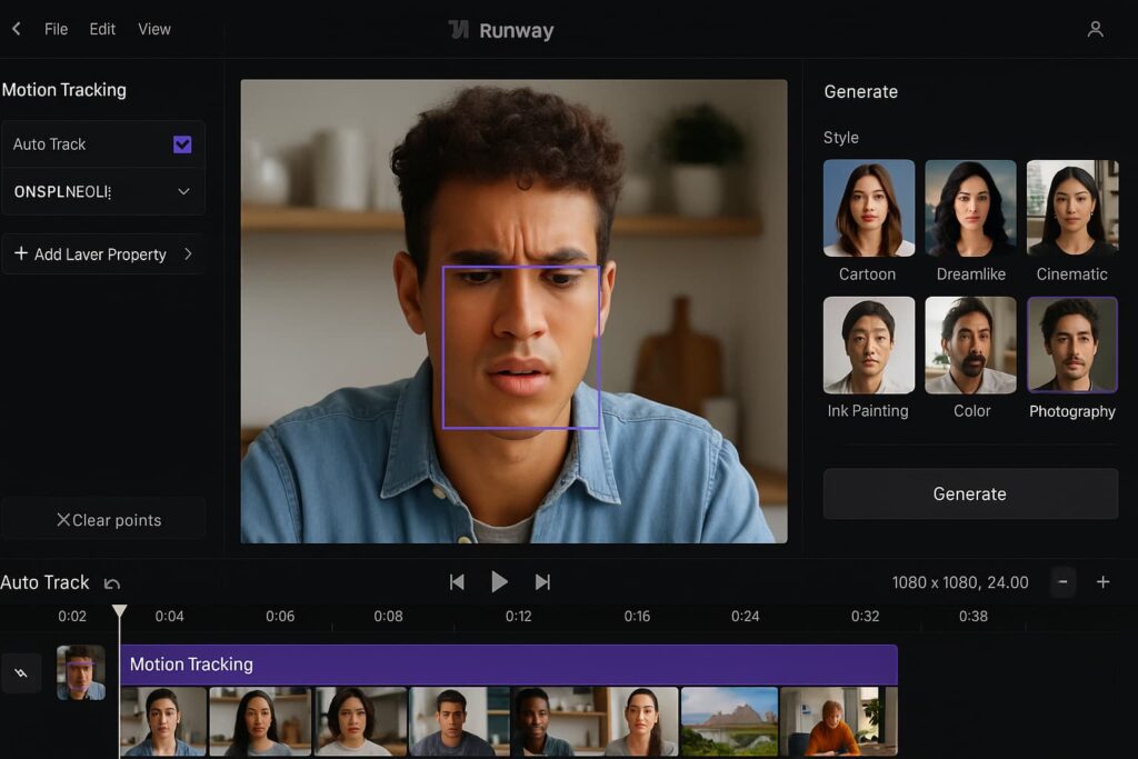 Runway ML applying AI style transfer and motion tracking, offering creative power as one of the best Veo alternatives for AI video generation.