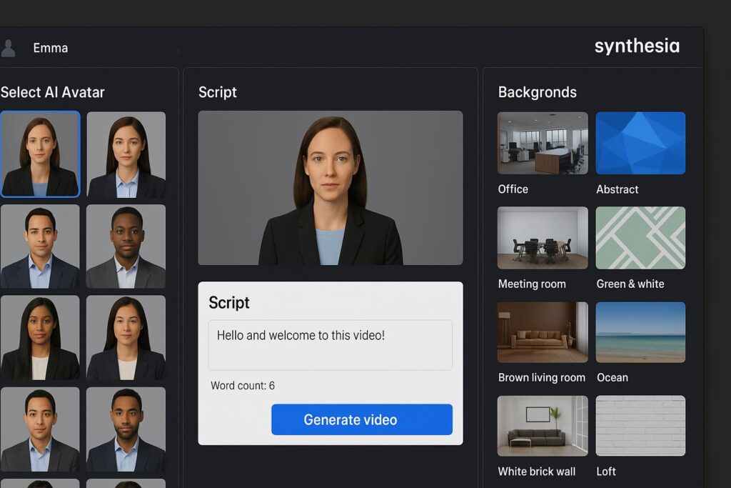 Synthesia dashboard showcasing AI avatar and script editor interface, one of the best Veo alternatives for AI video generation.