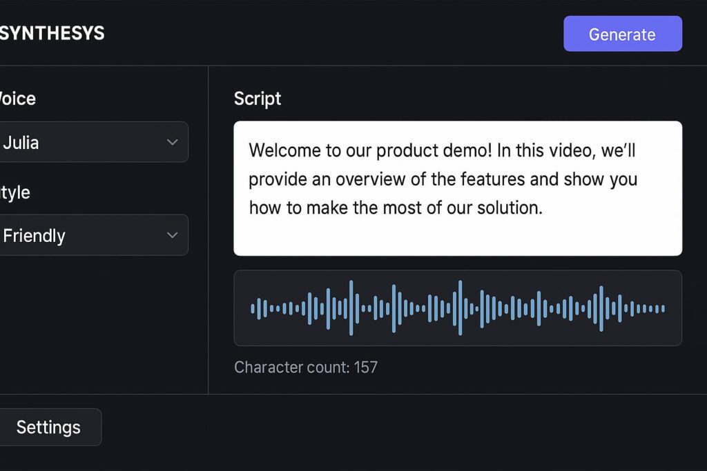 Synthesys interface showing realistic voice options and waveform preview, a top voiceover tool in the best Veo alternatives for AI video generation.