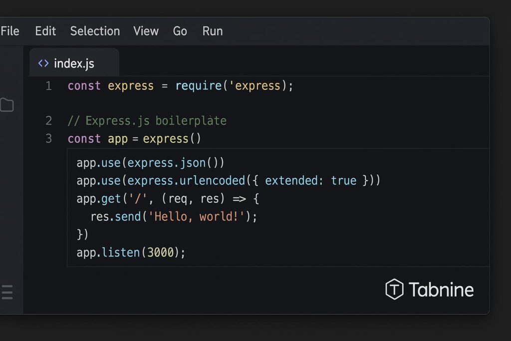 Tabnine quickly generates Express.js route boilerplate, supporting developers using free AI code assistant tools for rapid prototyping.