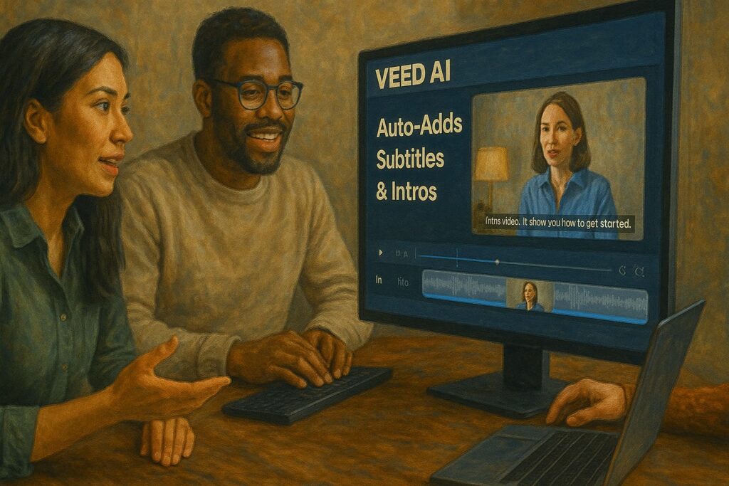 Team collaborating in VEED AI to auto-add captions and polish a training video—showing its standing among the best AI video editor tools for YouTube creators in 2025