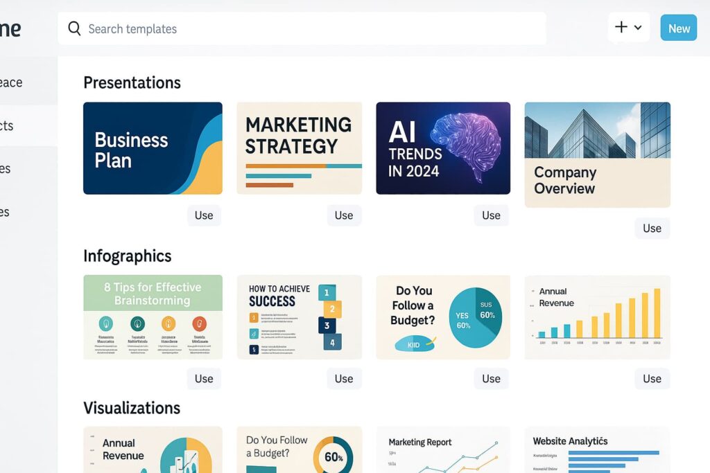 Visme’s dashboard enables content creators to build charts and slides, qualifying it as one of the best AI tools for presentation design.