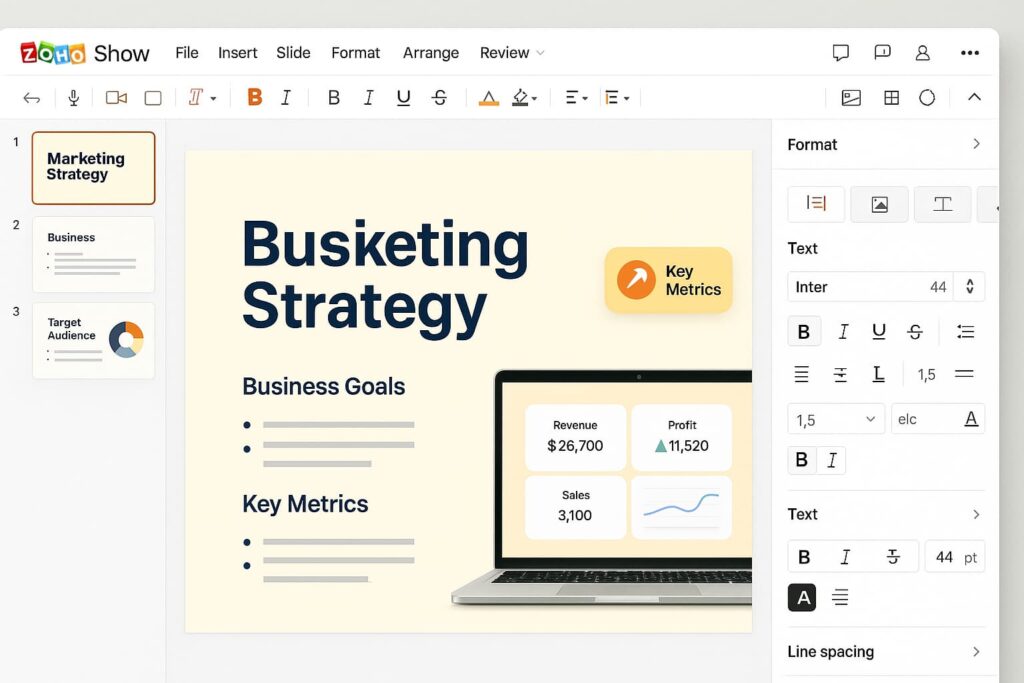 Zoho Show’s presentation builder is part of the best AI tools for presentation design with cross-device compatibility and cloud access.